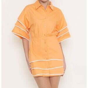 NEW FORE COLLECTION contrast piping mini shirt dress in orange